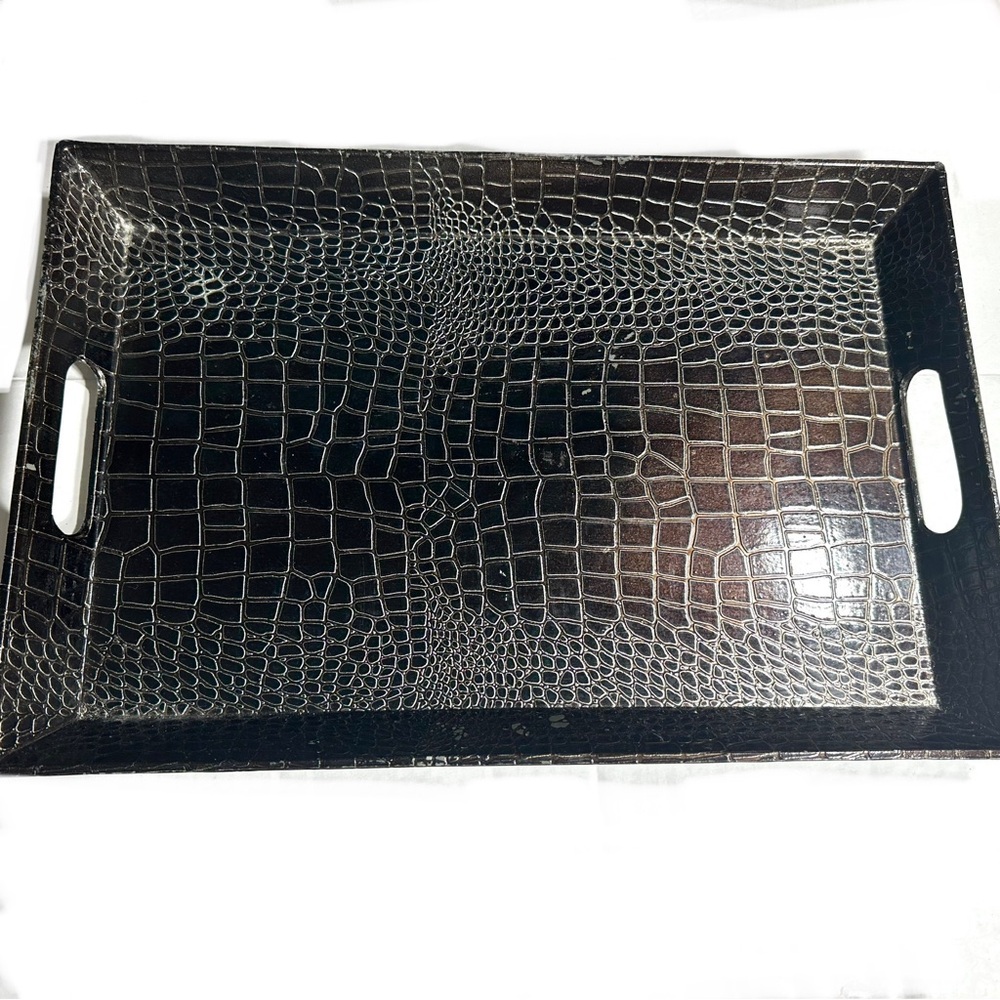 Leatherette Look Croc Texture Black Serving Tray Side Handles 18 by 12 by 2